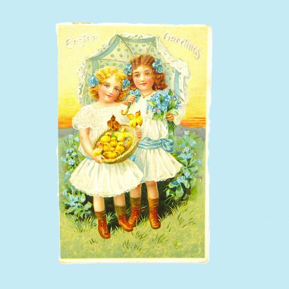 Antique  Easter postcard from 1911 of two girls in white and glue ribbons & umbr - Picture 4 of 8